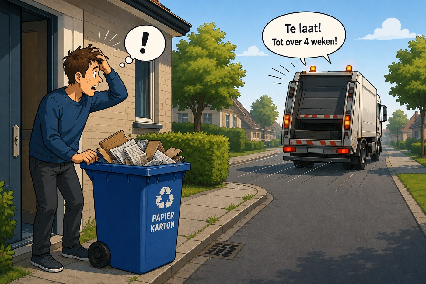 Cartoon van iemand die te laat beseft dat de vuilniswagen net is vertrokken.